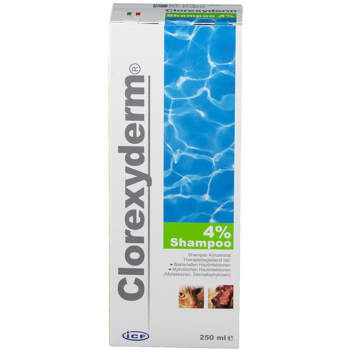 Face avant de la boîte Clorexyderm® Shampoo 4%. Inscription : 250 ml, Shampooing, images de chiens et chats.