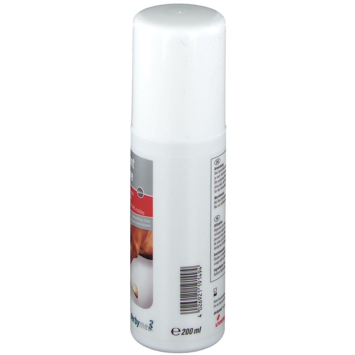 Flacon blanc avec bouchon. Étiquette avec informations sur le produit et code-barres. Volume : 200 ml. Marque : derbymed.