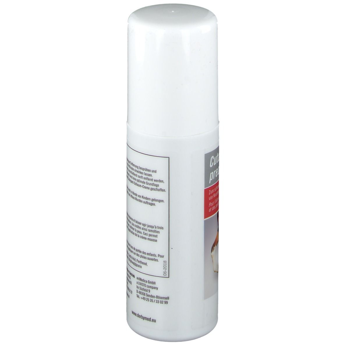 Flacon blanc avec bouchon. Dos avec texte en plusieurs langues. Informations fabricant et logo : derbymed.