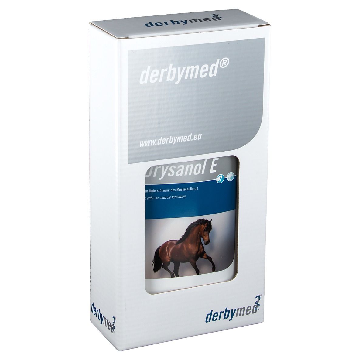 Verpackung von derbymed® Orysanol E. Weißer Karton mit Produktflasche. Logo und Produktname sichtbar.