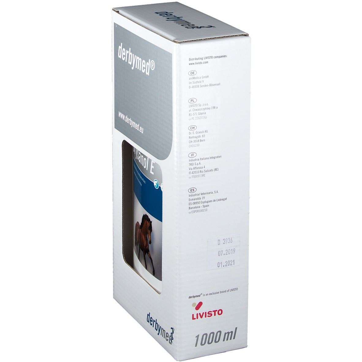 derbymed® Orysanol E in Verpackung. Weiße Box, Flasche mit Etikett. Volumen 1000 ml. Logo und Produktname.
