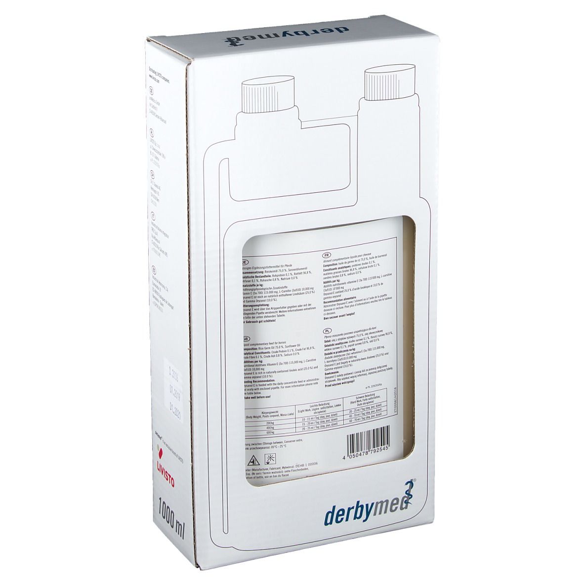 Rückseite der Verpackung von derbymed® Orysanol E. Weiße Box mit Text und Informationen. 1000 ml.