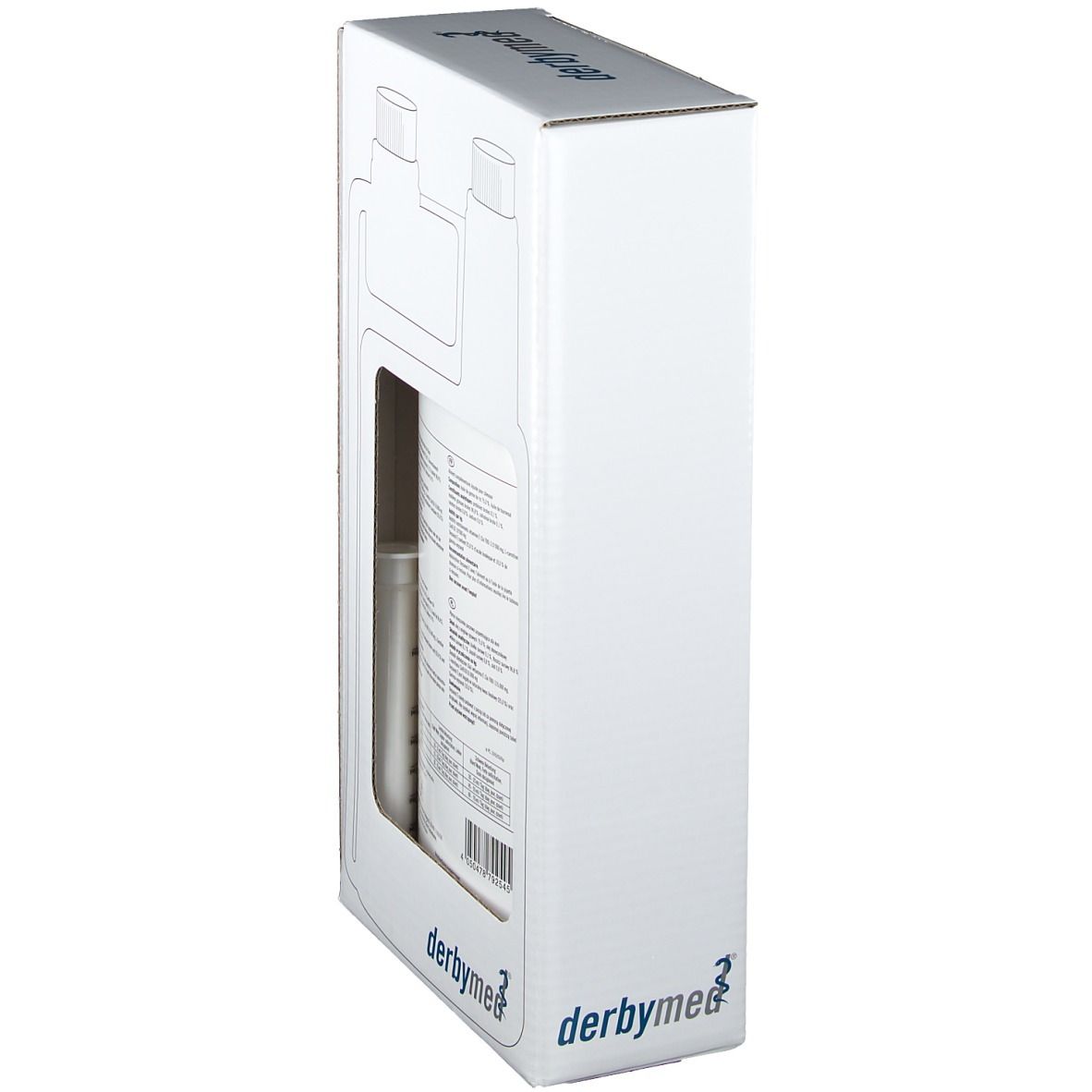 Seitenansicht der Verpackung von derbymed® Orysanol E. Weiße Box mit Aussparung für Flasche.