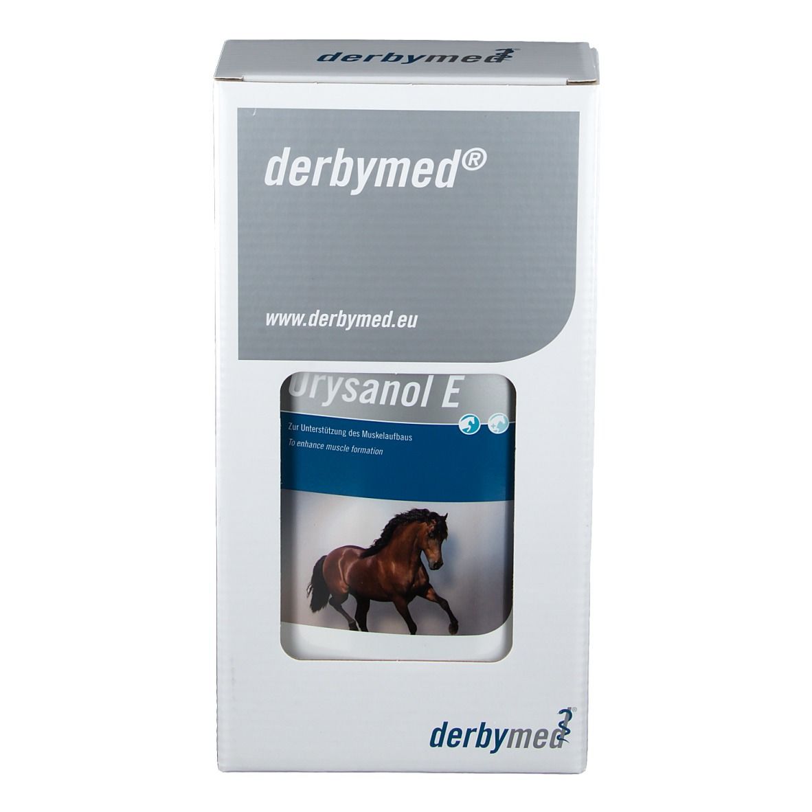 derbymed® Orysanol E in Verpackung. Weiße Box mit Produktflasche. Logo und Produktname sichtbar.