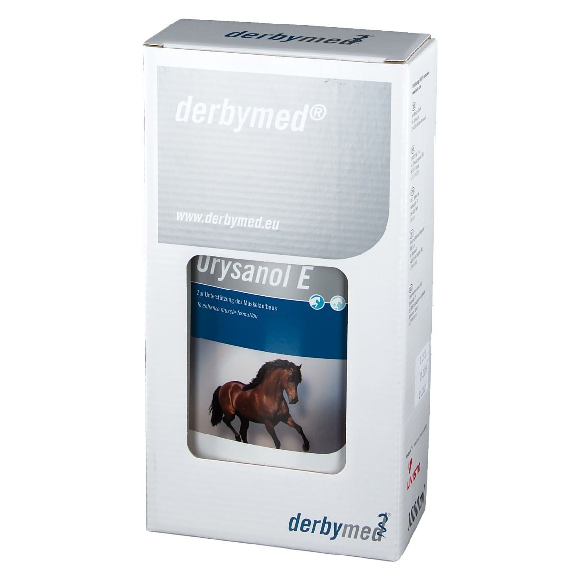 derbymed® Orysanol E in Verpackung. Weiße Box mit Produktflasche. Logo und Produktname sichtbar.