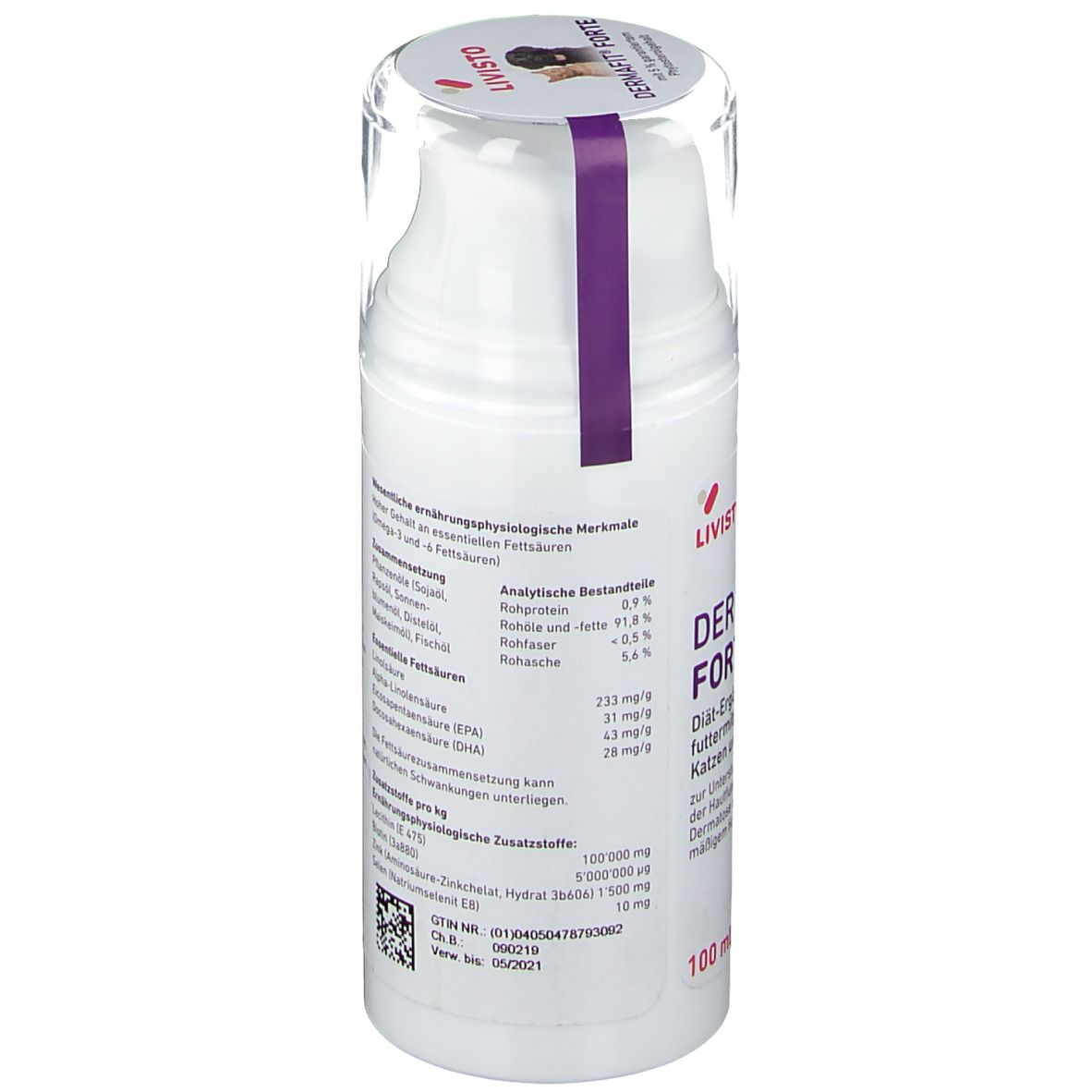 Flacon blanc avec pompe doseuse. Dos avec texte. Bouchon transparent. Inscription: Dermafit forte.