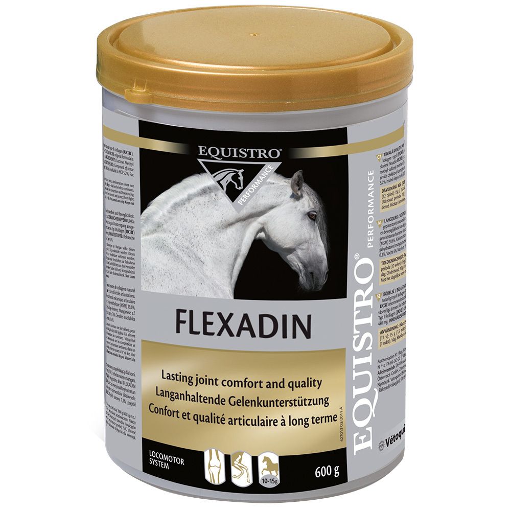 Runde Dose mit Deckel. Aufschrift Flexadin, Equistro. Bild eines Pferdekopfes. 600 g.