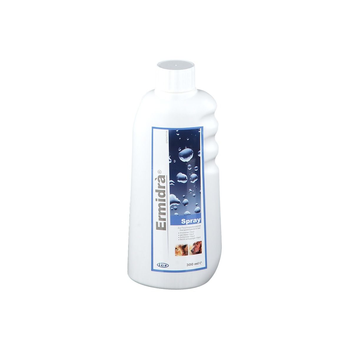 Flacon blanc Ermidra® Spray. Détails bleus, nom du produit et mot "Spray". Forme avec renfoncements pour une meilleure prise.