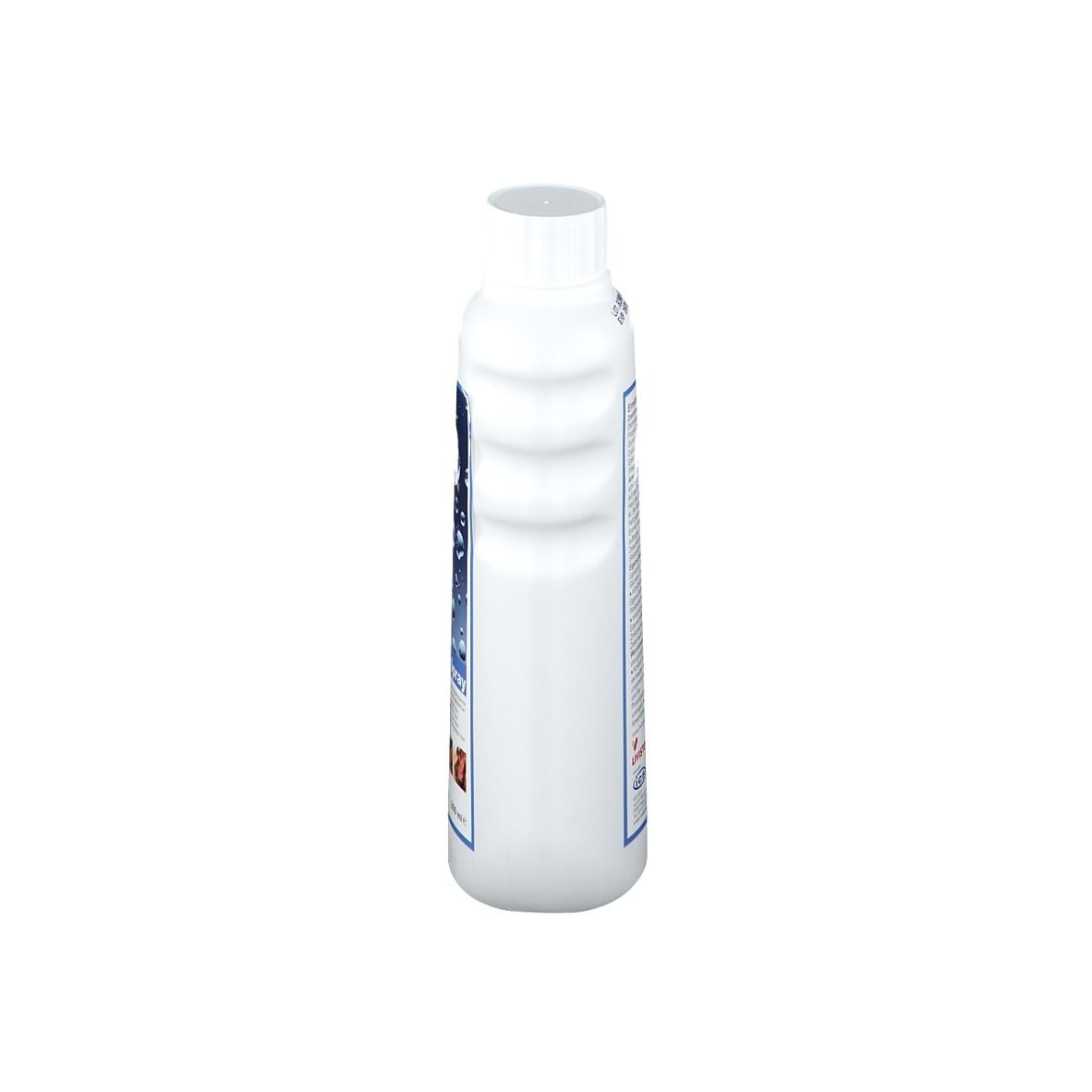 Vue latérale du flacon blanc Ermidra® Spray. Détails bleus de l'étiquette. Forme avec renfoncements pour une meilleure prise.