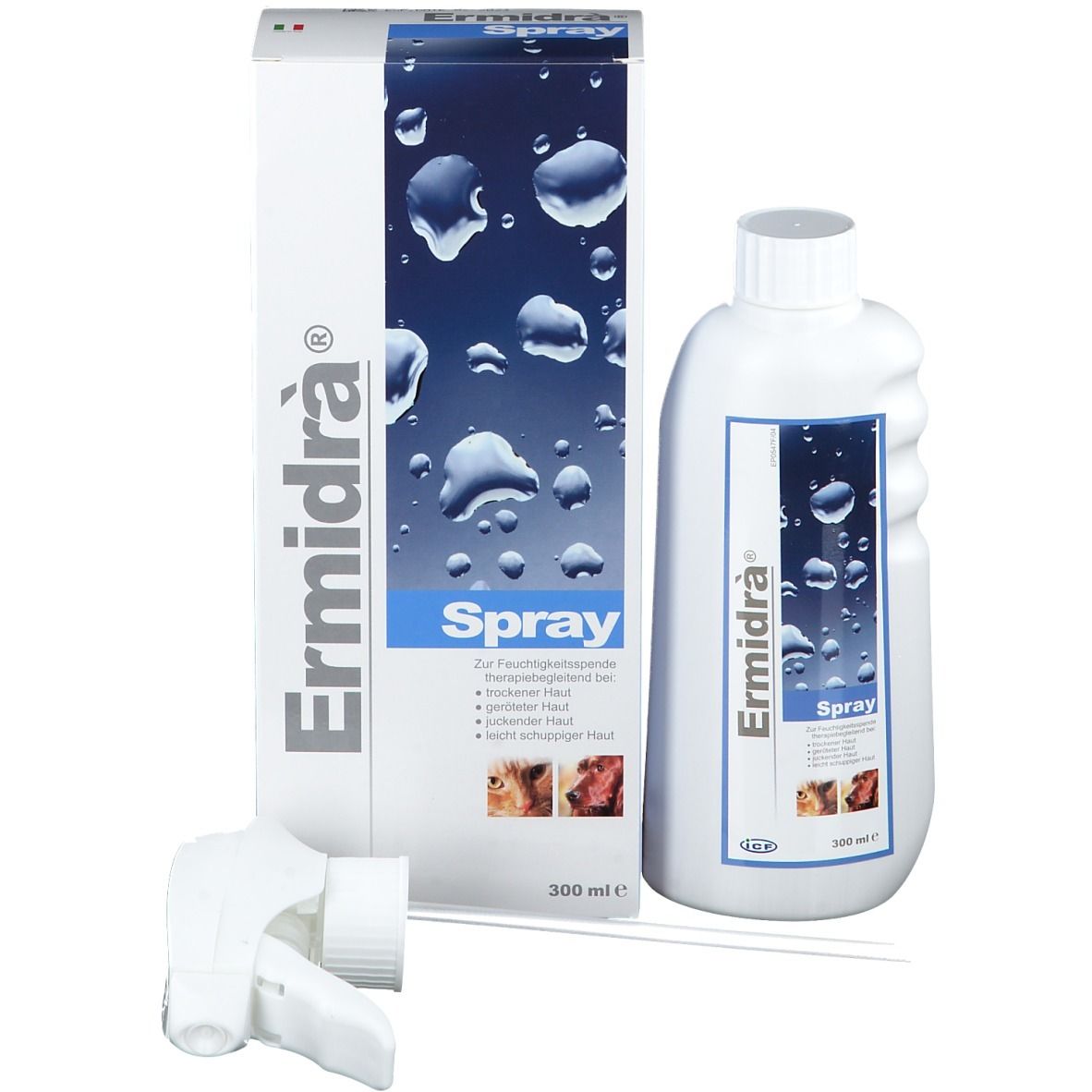 Produit Ermidra® Spray avec emballage et pulvérisateur. Flacon et carton blancs. Nom du produit et mot "Spray".