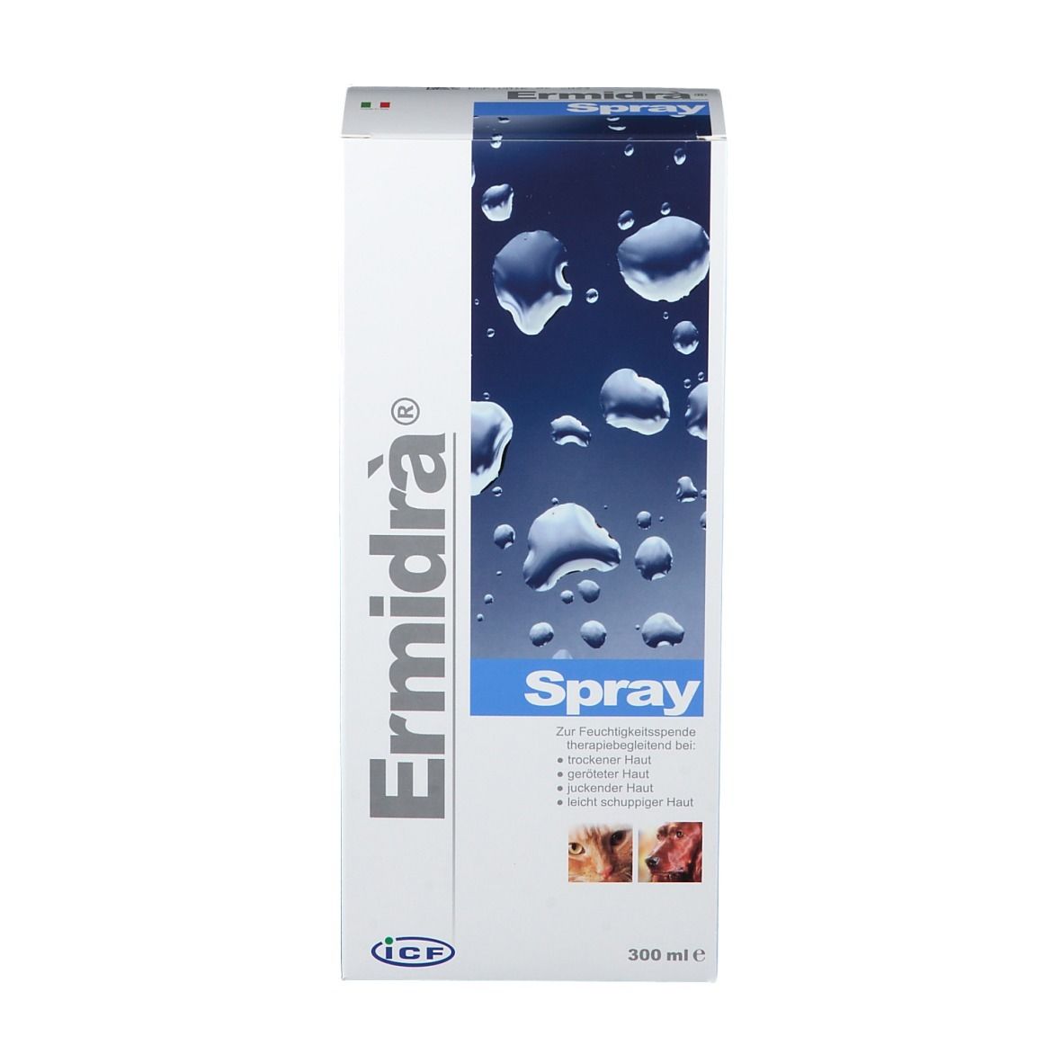 Emballage Ermidra® Spray. Carton blanc avec nom du produit et mot "Spray". Pulvérisateur visible.