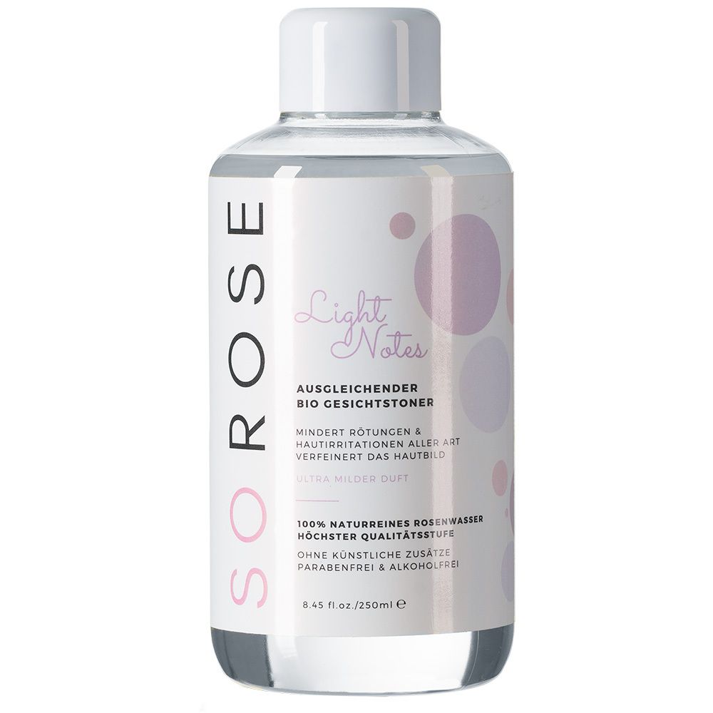 SO! ROSE Gesichtstoner. Transparente Flasche mit weißem Deckel. Etikett mit Produktinformationen und rosa Akzenten.