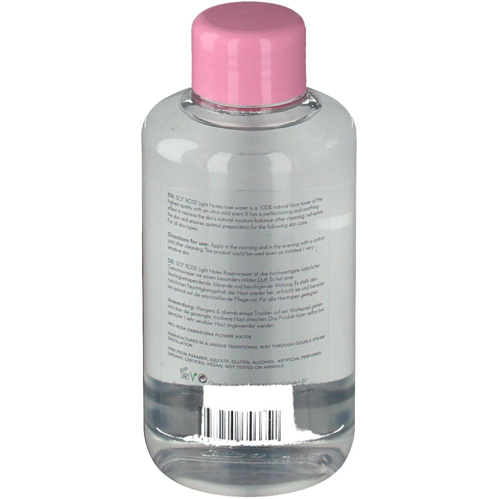 SO! ROSE Gesichtstoner. Rückseite der transparenten Flasche mit Produktinformationen und Barcode.