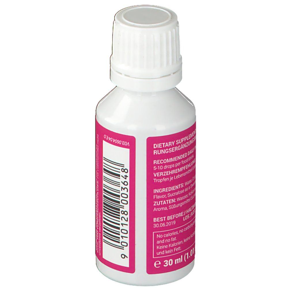 Flacon blanc avec étiquette rose. Inscription : WOMEN'S BEST, Flavor Drops Coconut. Liste des ingrédients et date de péremption.