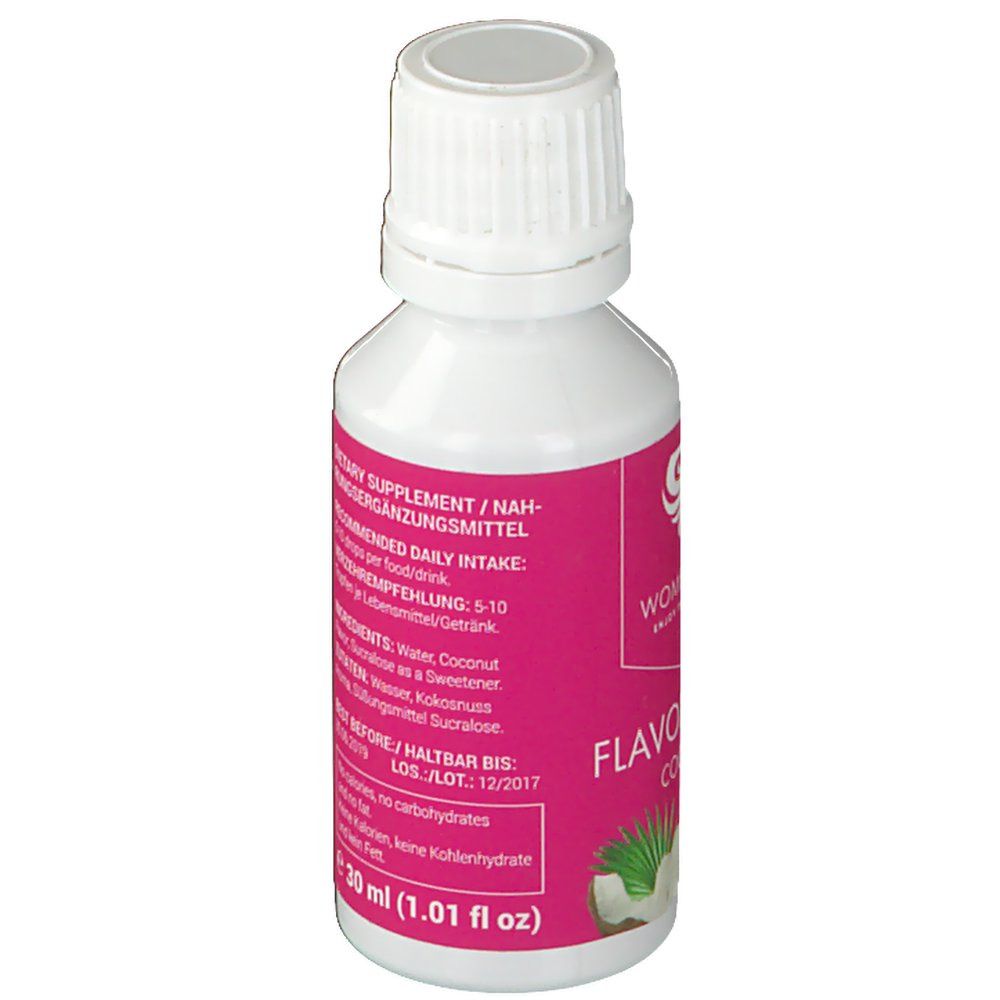 Flacon blanc avec étiquette rose. Inscription : WOMEN'S BEST, Flavor Drops Coconut. Liste des ingrédients et date de péremption.