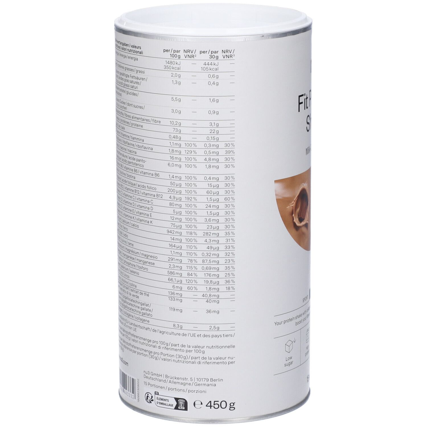 Rückseite der Dose "nu3 Fit Protein Shake". Enthält Nährwertangaben und Inhaltsstoffe. Marke: nu3. Gewicht: 450g.