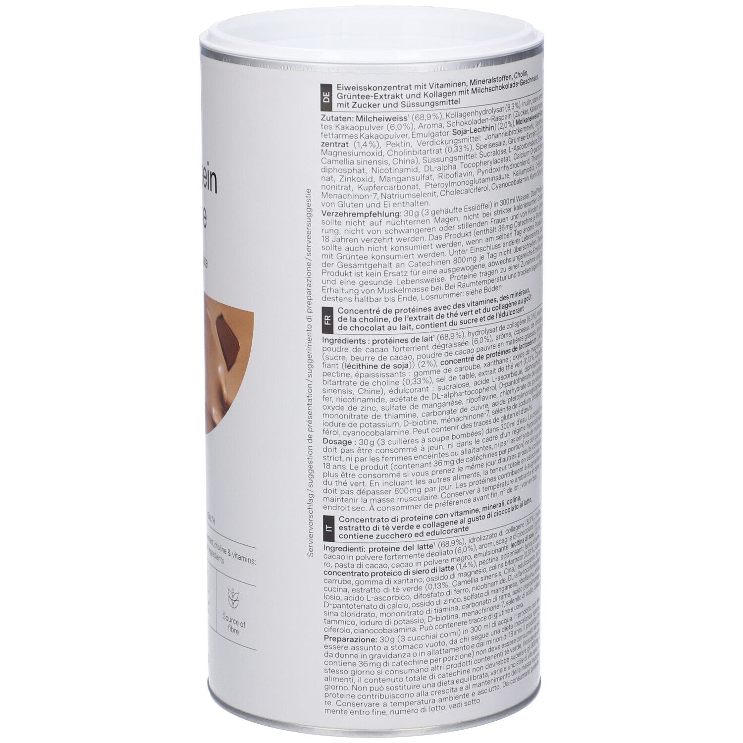 Rückseite der Dose "nu3 Fit Protein Shake". Enthält Nährwertangaben und Inhaltsstoffe. Marke: nu3. Gewicht: 450g.