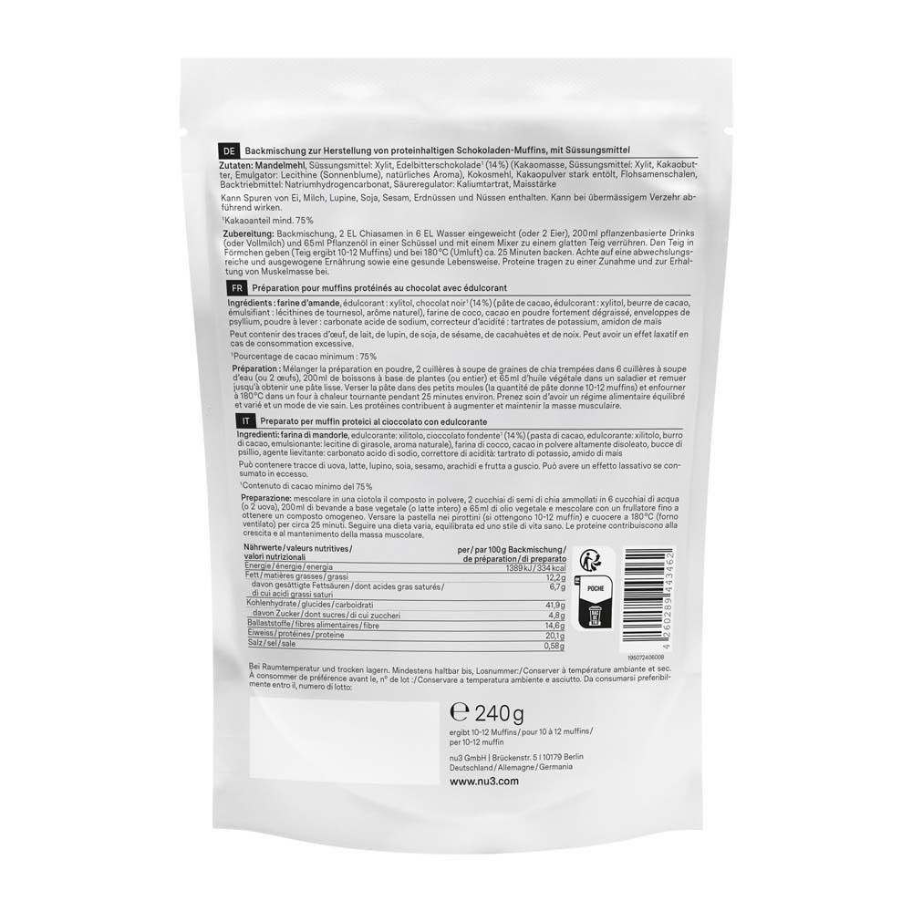 Rückseite der Verpackung mit Zutatenliste und Zubereitungshinweisen für Protein Muffins. Text in Deutsch, Englisch, Französisch und Italienisch.