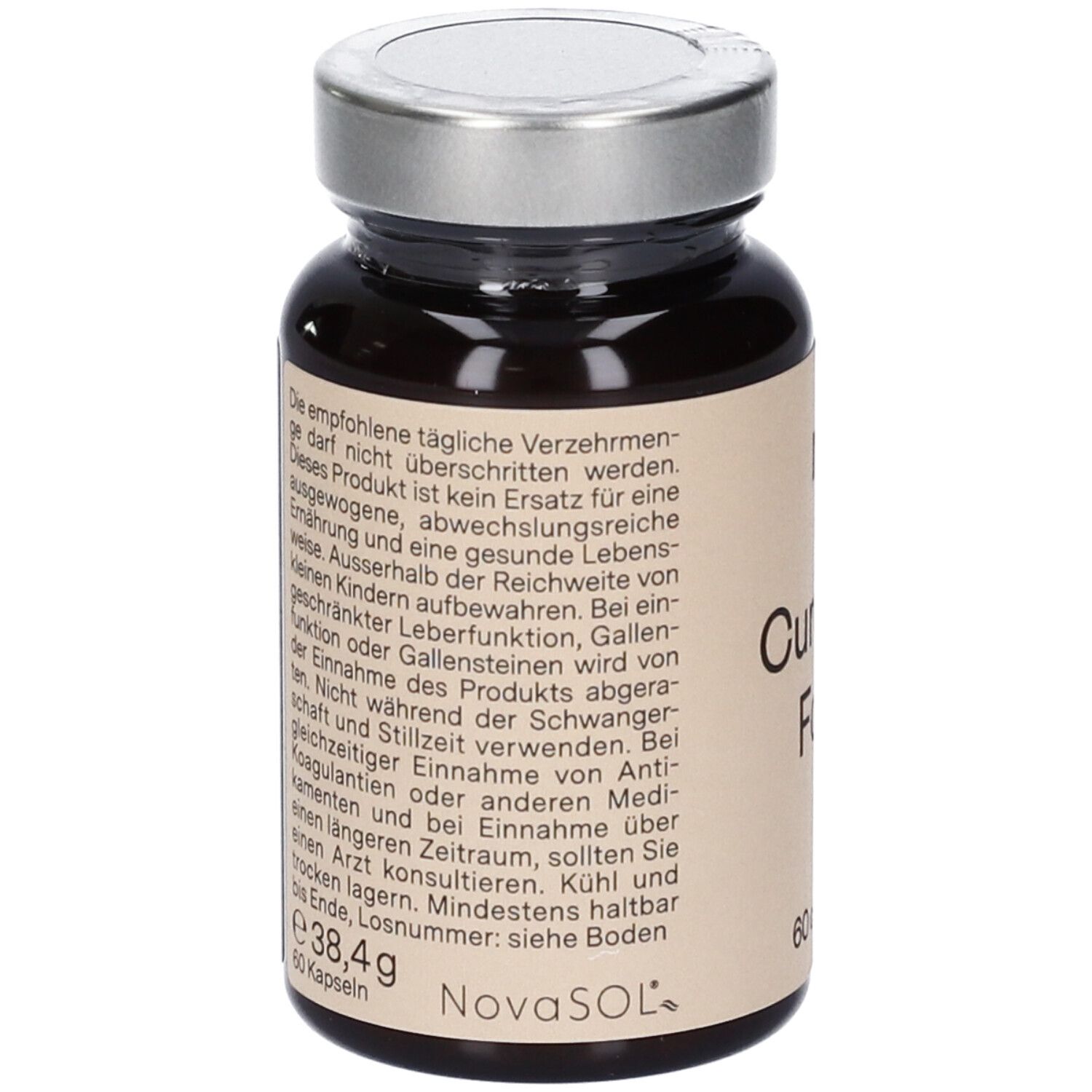 Braune Glasflasche mit Kapseln. Aufschrift: nu3 Curcuma Forte, 60 Kapseln. Rückseite mit Text. Silberner Deckel.