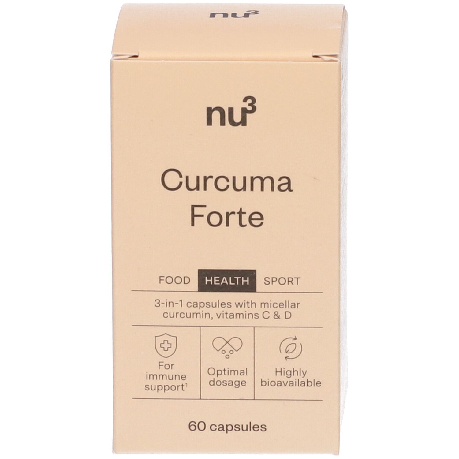 Produktverpackung mit Aufschrift: nu3 Curcuma Forte, 60 Kapseln. Box mit Text und Logos.