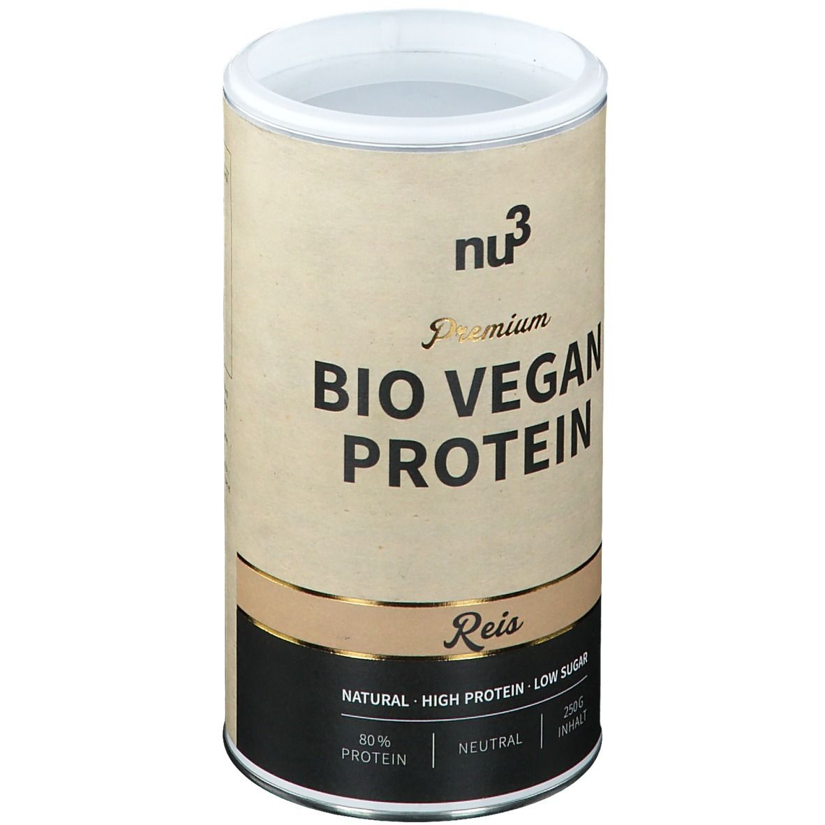 Zylindrische Dose "nu3 Premium Bio Vegan Protein". Aufschrift: Reis, 80% Protein, Natural, Low Sugar, 250g.