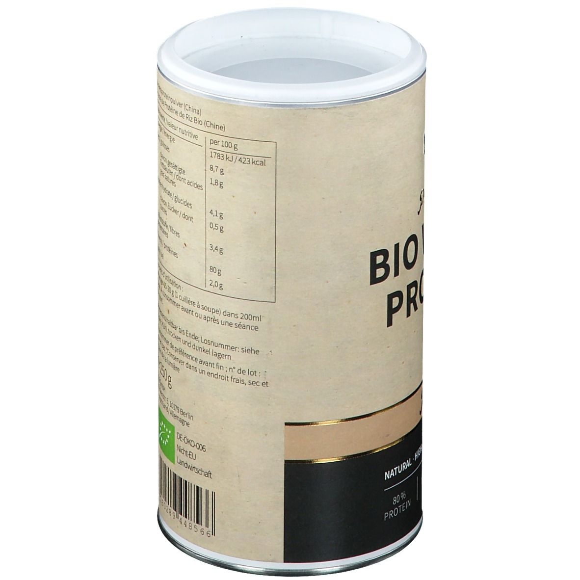 Rückseite der Dose "nu3 Premium Bio Vegan Protein". Nährwerttabelle, Anwendungshinweise, Bio-Siegel, 250g Inhalt.