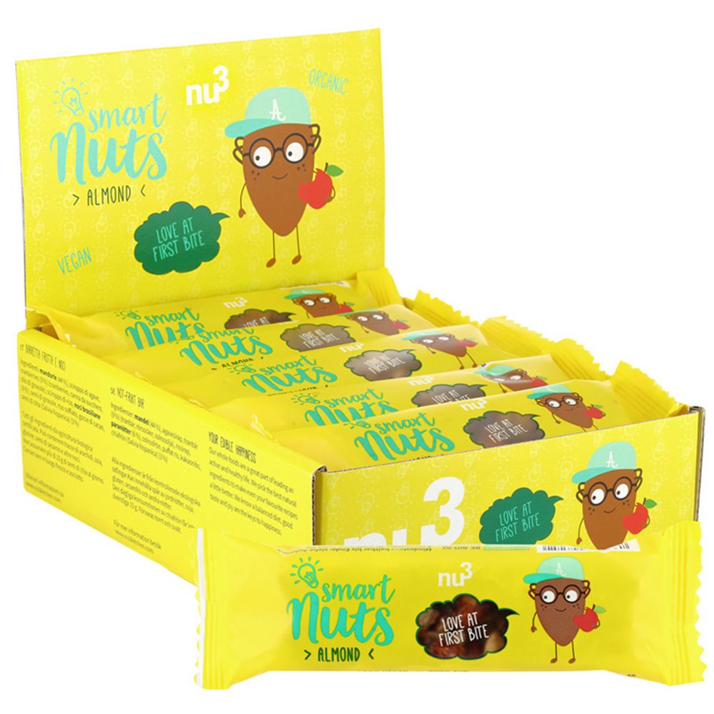 Gelbe Schachtel mit Smart Nuts Riegeln. Aufdruck: nu3, Smart Nuts, Mandel, Illustration. Einzelner Riegel im Vordergrund.