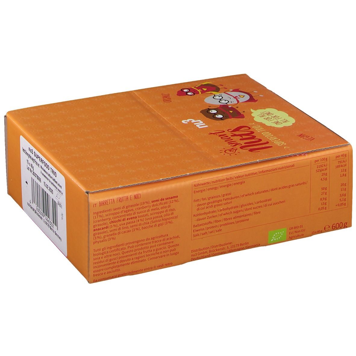 Geschlossene orangefarbene Schachtel mit nu3 Smart Nuts. Aufdruck: nu3 Superfood Trio. Rückseite mit Text.