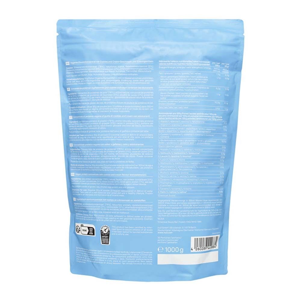 Rückseite einer hellblauen Tüte mit Text. Enthält Informationen über das Produkt, Nährwertangaben und Barcode.
