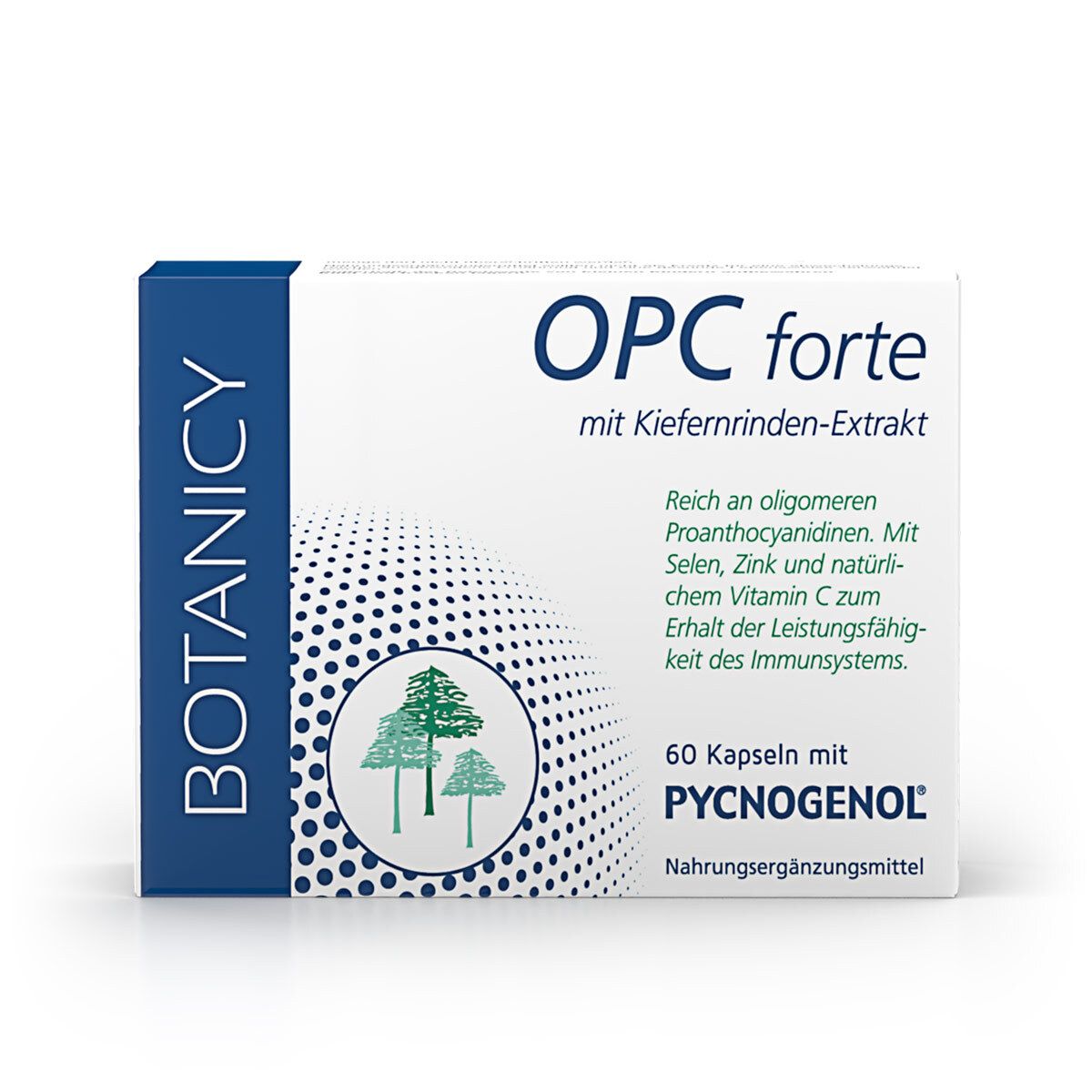 Weiße Schachtel mit blauem Akzent. Aufschrift OPC forte, mit Kiefernrinden-Extrakt. Enthält 60 Kapseln. Marke BOTANICY, mit PYCNOGENOL.