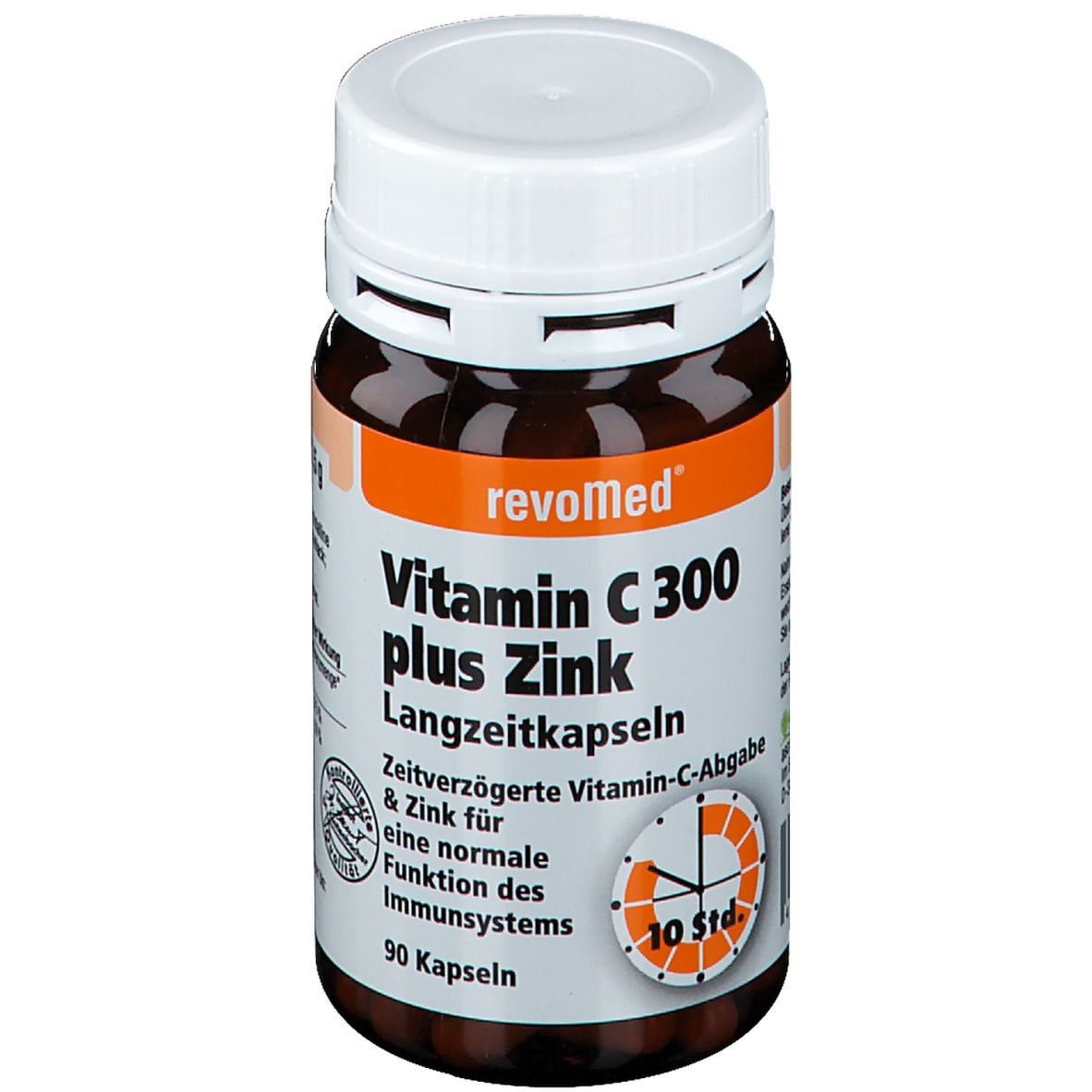 Flacon brun avec bouchon blanc. Inscription: revoMed Vitamine C 300 plus Zinc. 90 gélules. Libération prolongée de vitamine C.