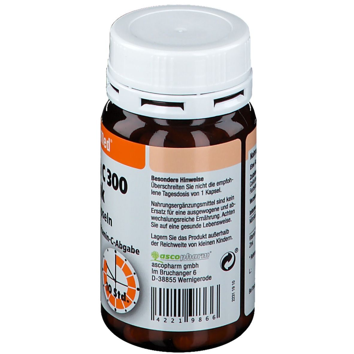 Dos du flacon brun avec bouchon blanc. Texte: Remarques spéciales. Fabricant: ascopharm GmbH. Code-barres et autres informations.