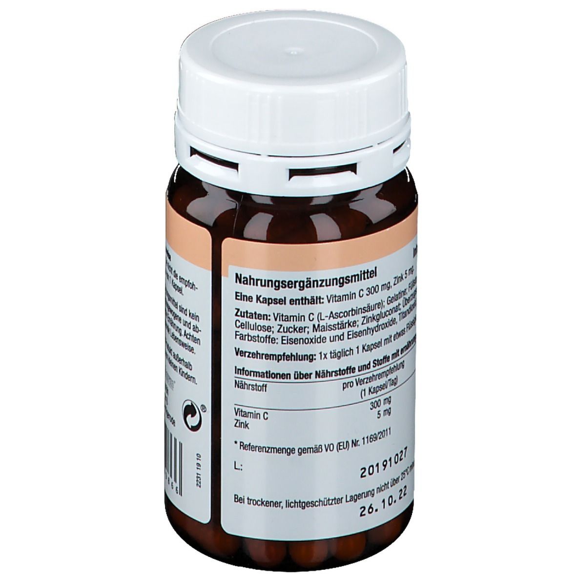 Dos du flacon brun avec bouchon blanc. Texte: Complément alimentaire. Ingrédients: Vitamine C, Zinc. Informations nutritionnelles par gélule.