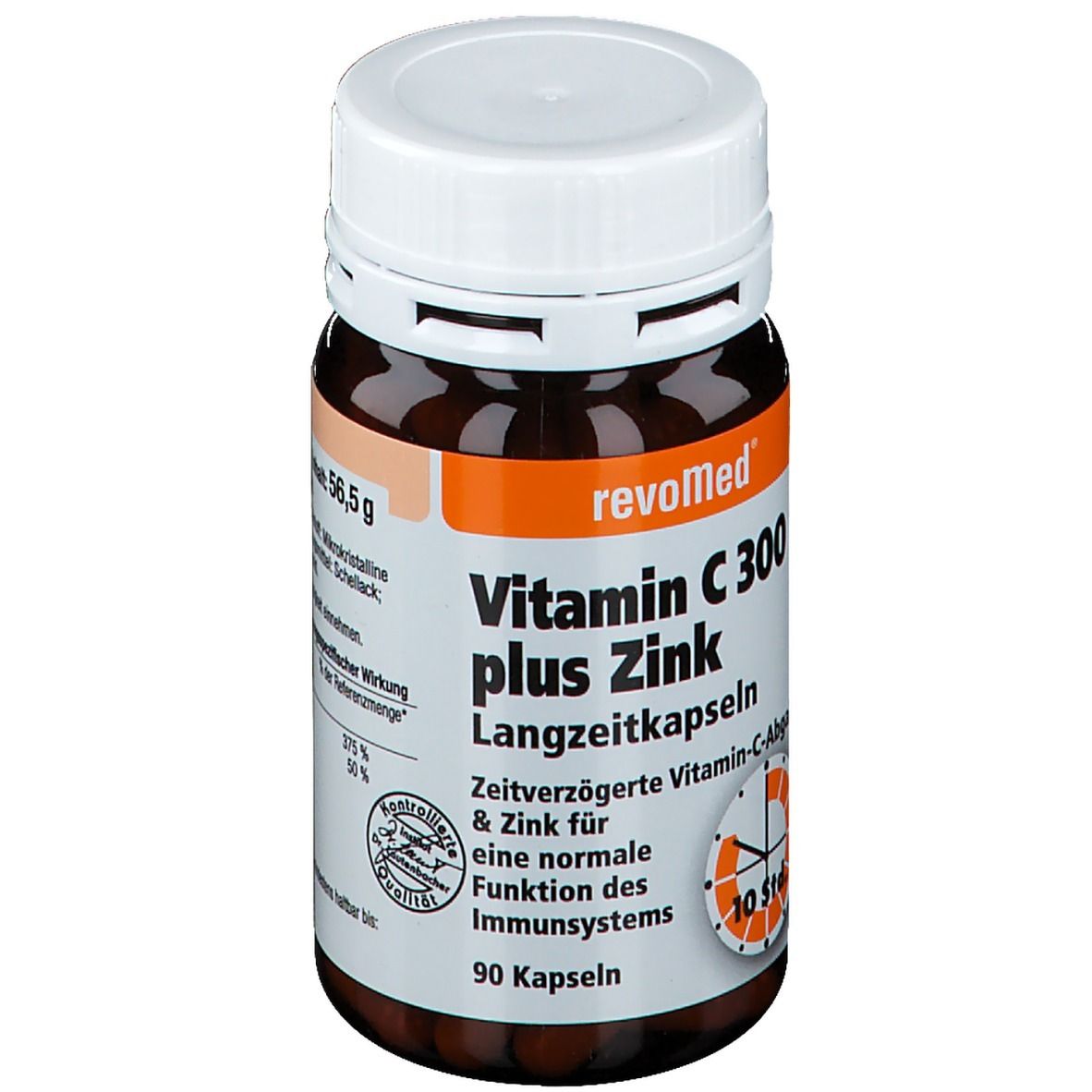 Flacon brun avec bouchon blanc. Inscription: revoMed Vitamine C 300 plus Zinc. 90 gélules. Libération prolongée de vitamine C. Poids: 56,5 g.