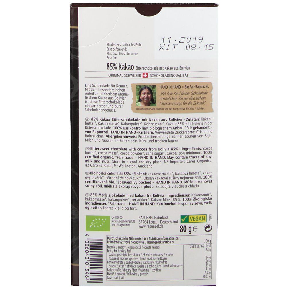 RAPUNZEL Chocolat noir biologique à 85% de cacao