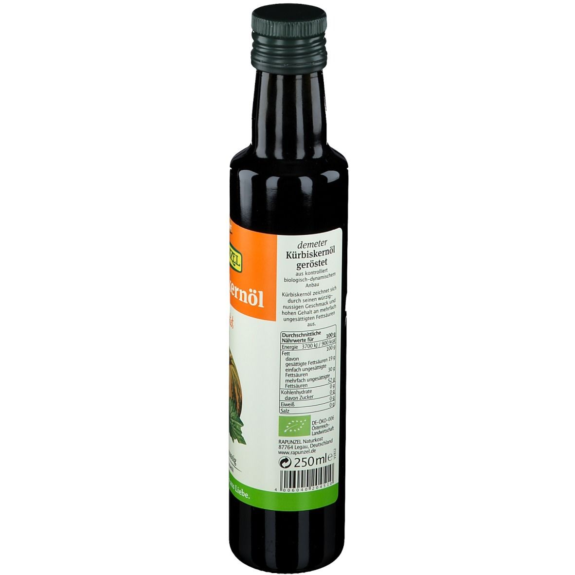 Dos de la bouteille en verre foncé. Étiquette avec informations nutritionnelles et certifications.