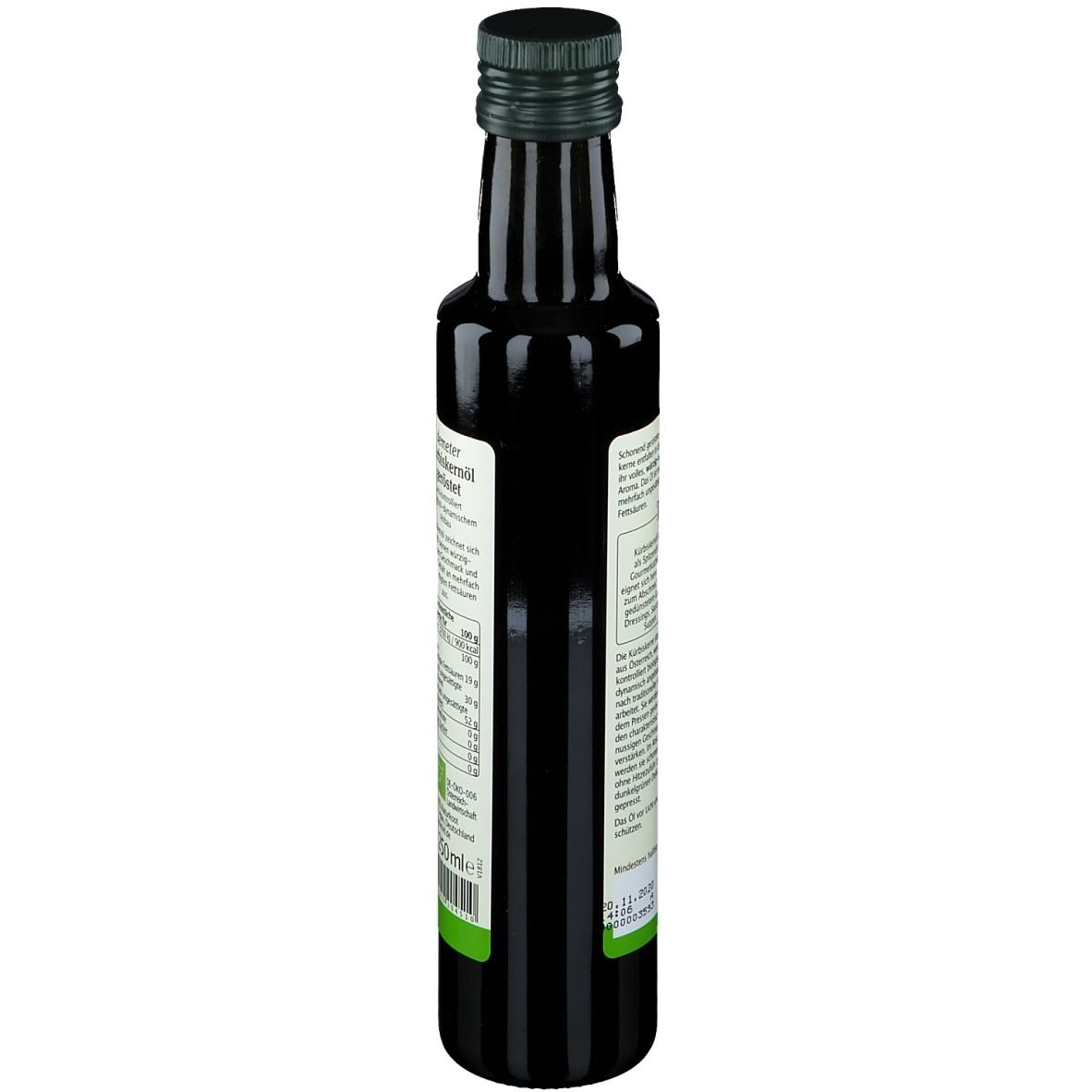 Dos de la bouteille en verre foncé. Étiquette avec informations nutritionnelles et certifications.