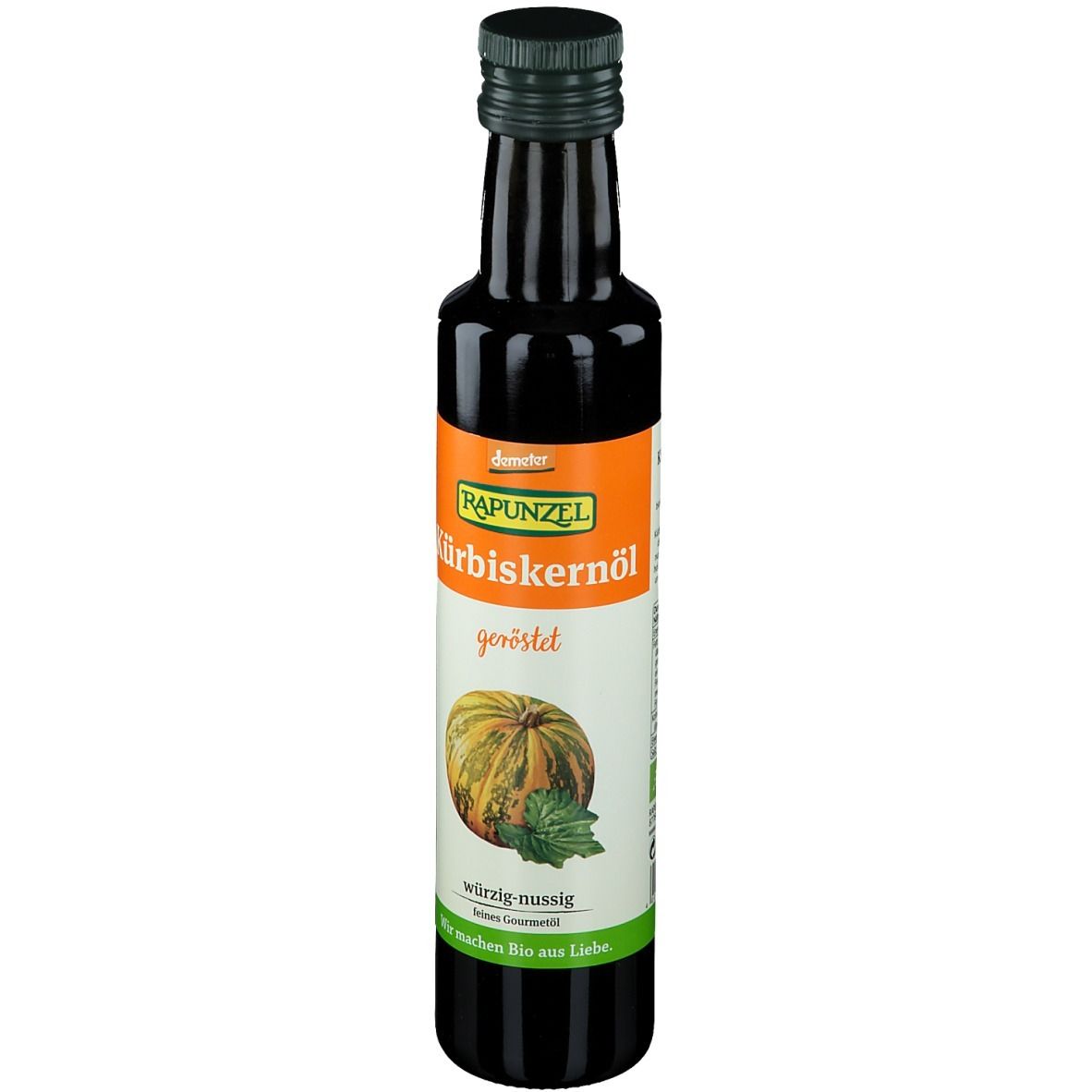 Bouteille en verre foncé, bouchon vert. Étiquette avec nom du produit et illustration de citrouille.