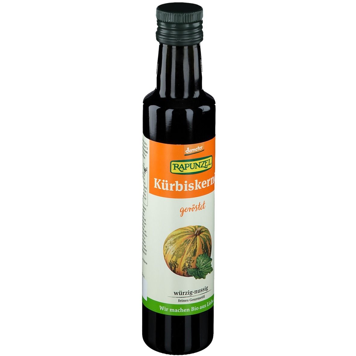 Bouteille en verre foncé, bouchon vert. Étiquette avec nom du produit et illustration de citrouille.