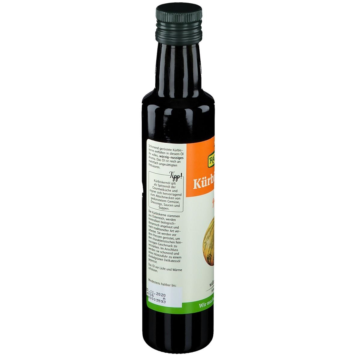 Dos de la bouteille en verre foncé. Étiquette avec informations nutritionnelles et certifications.