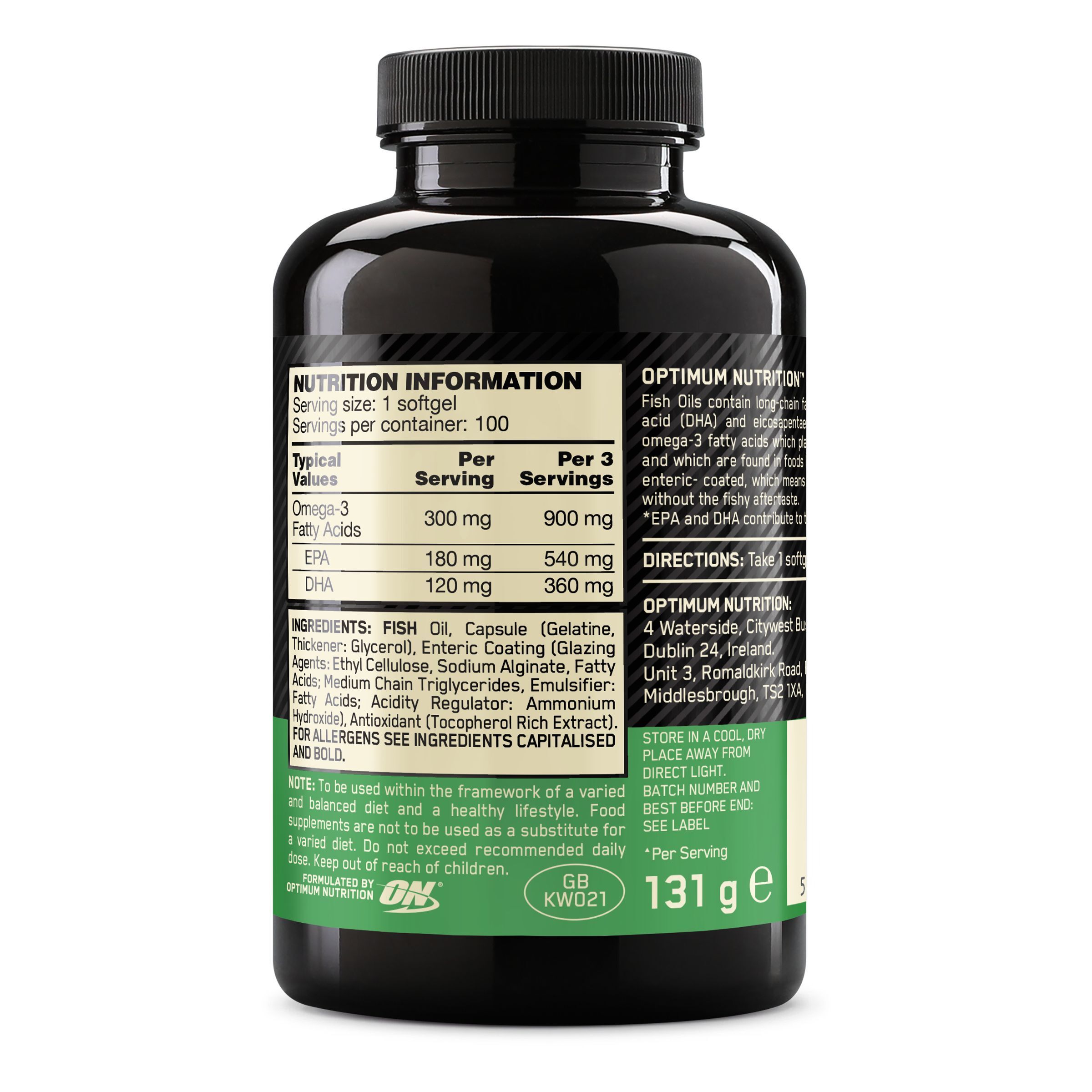 Dos du flacon d'huile de poisson. Informations nutritionnelles: acides gras oméga-3, EPA, DHA. Ingrédients, adresse, poids 131 g.