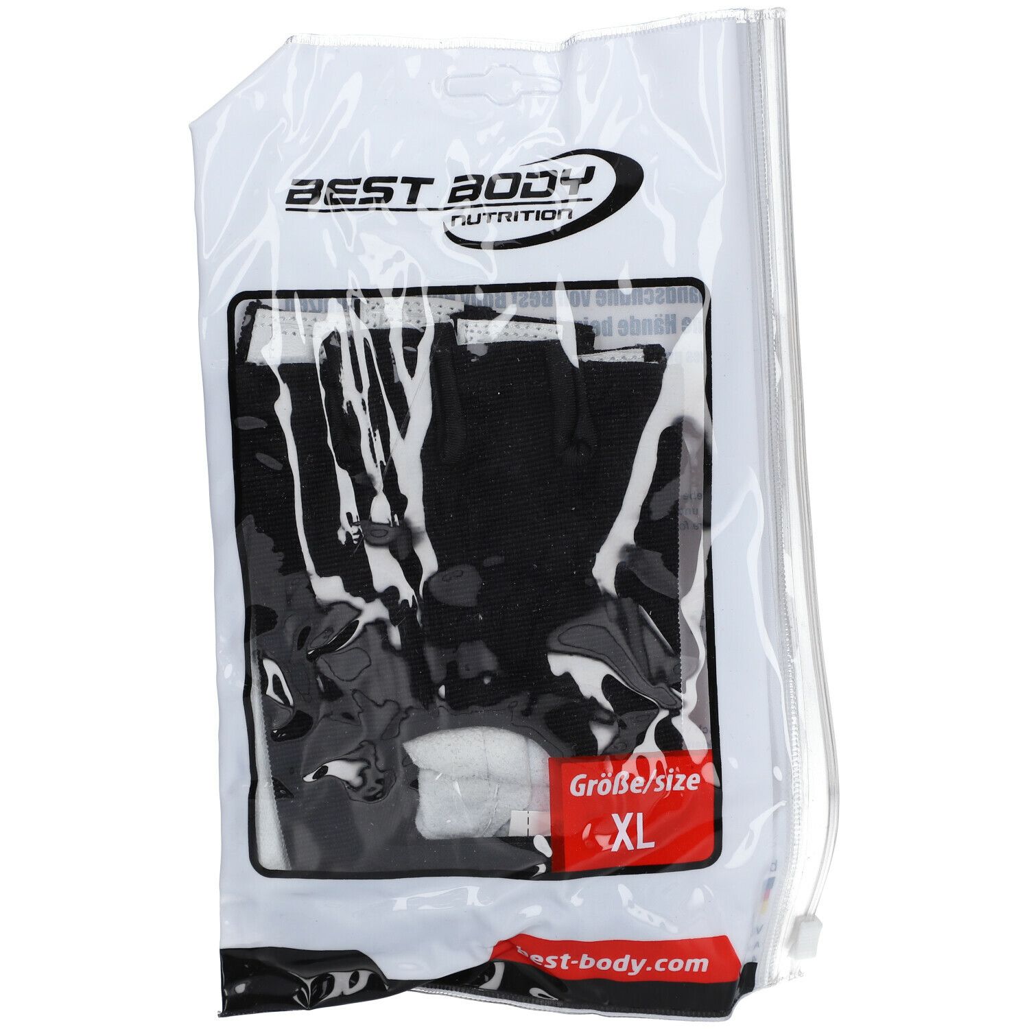 Gants de fitness dans un emballage plastique. Gants noirs, étiquette XL rouge. Logo Best Body Nutrition.