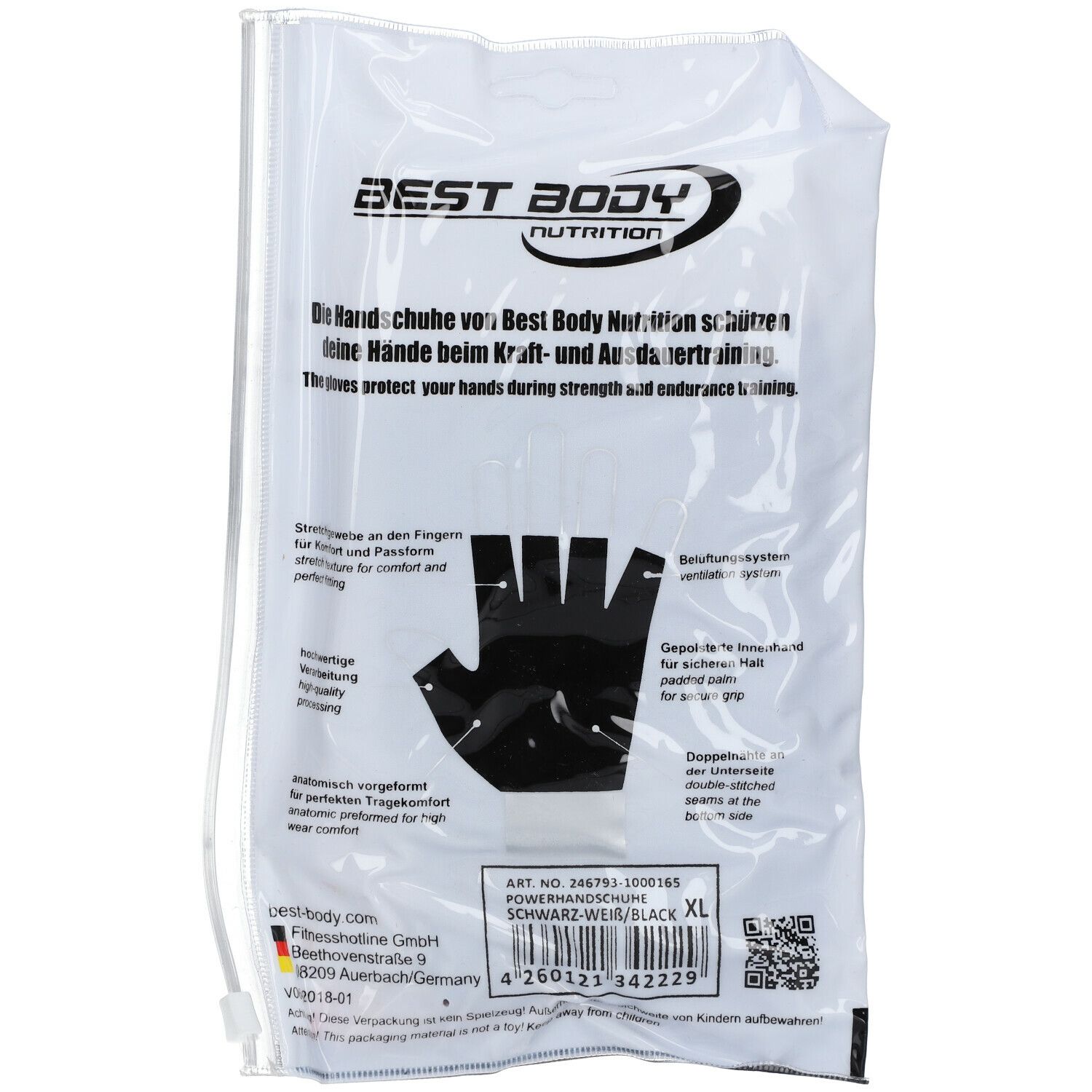 Gants de fitness en emballage plastique. Gants noirs, XL. Texte et logo Best Body Nutrition.