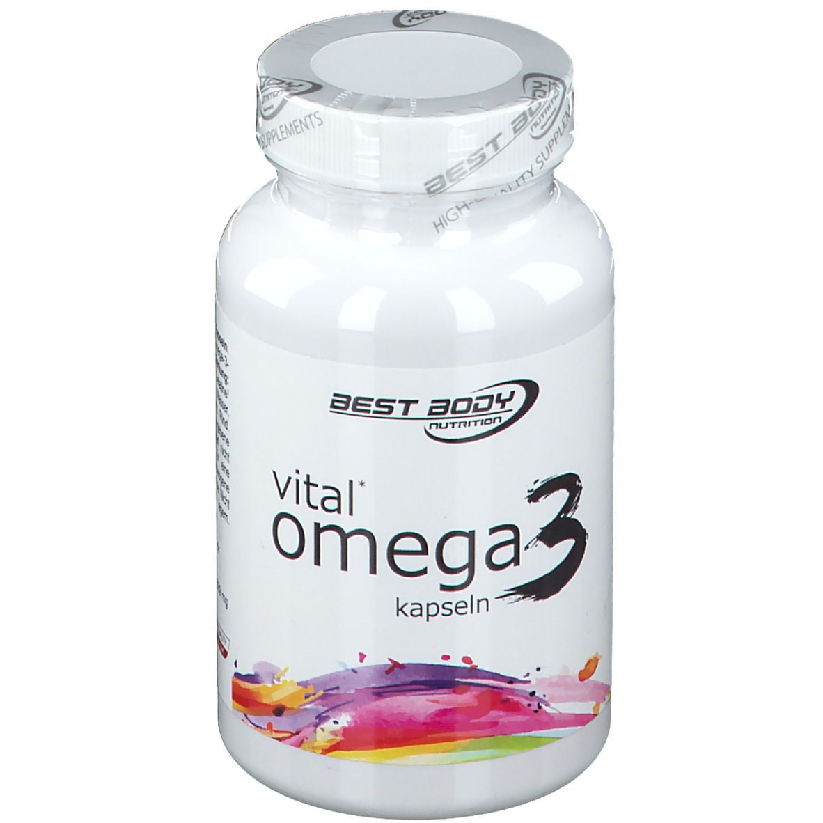 Flacon blanc de gélules Omega 3. Inscription: Best Body Nutrition, vital Omega 3 kapseln.