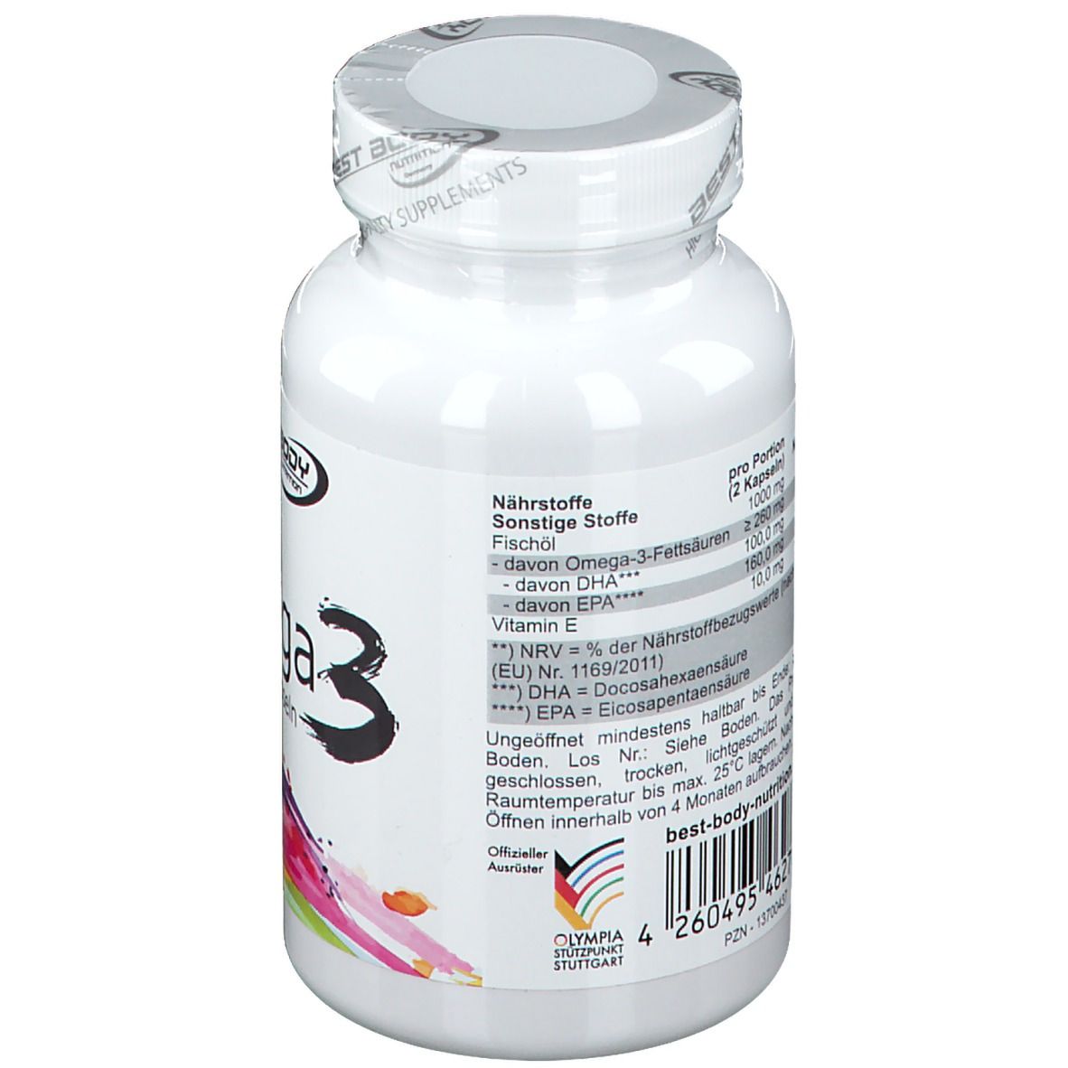 Dos du flacon blanc de gélules Omega 3. Contient des informations nutritionnelles et le sceau Olympia.