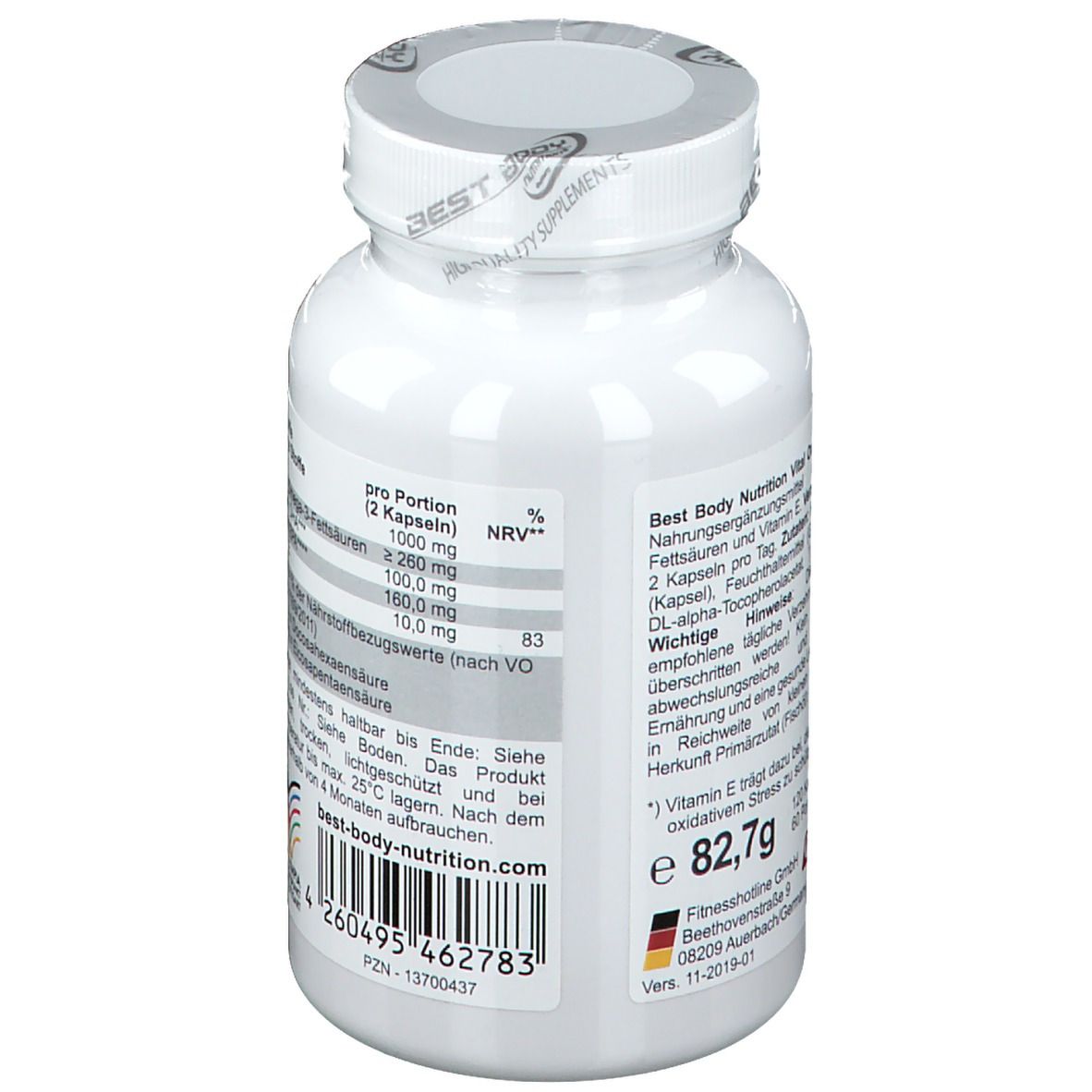 Dos du flacon blanc de gélules Omega 3. Contient des informations nutritionnelles et des coordonnées.