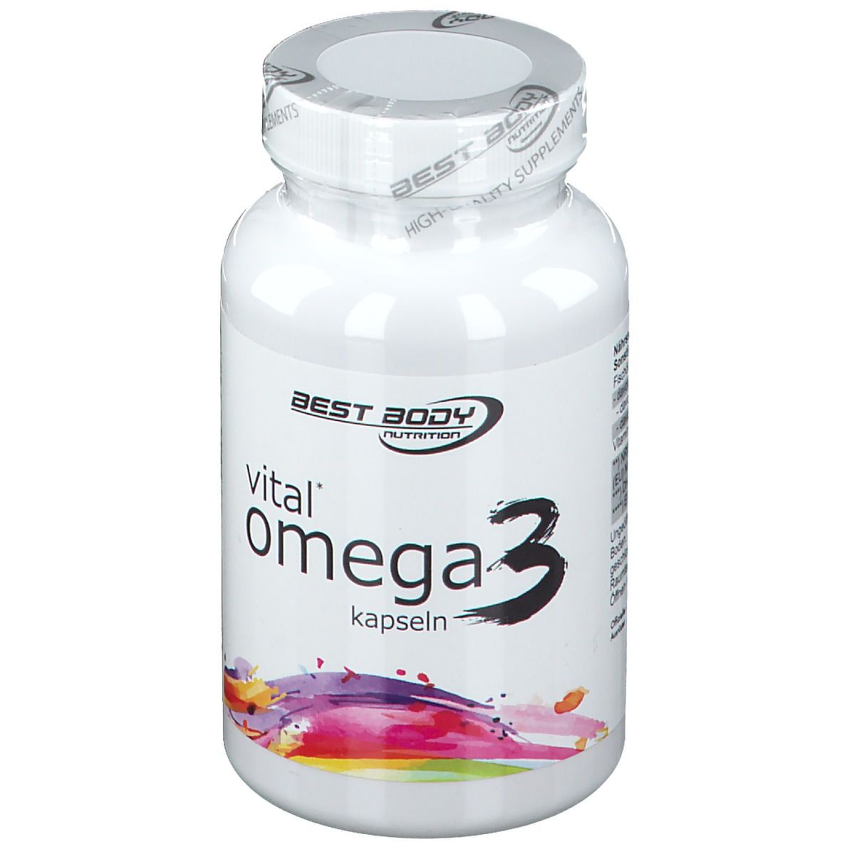 Flacon blanc de gélules Omega 3. Inscription: Best Body Nutrition, vital Omega 3 kapseln.