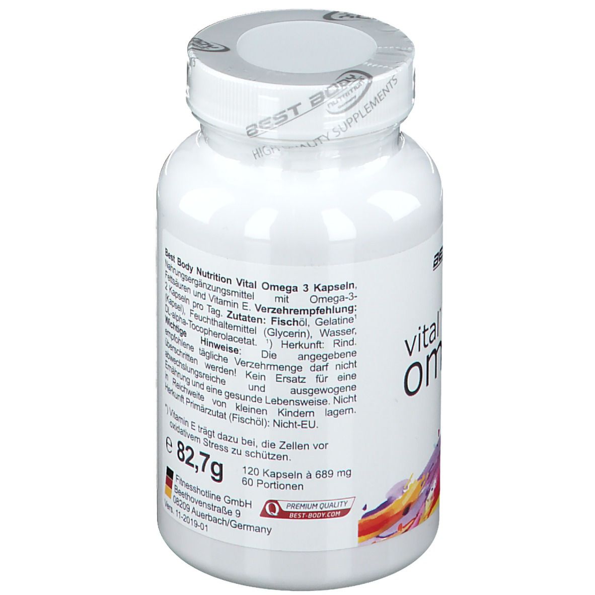 Flacon blanc de gélules Omega 3. Contient des informations sur les ingrédients et le dosage.