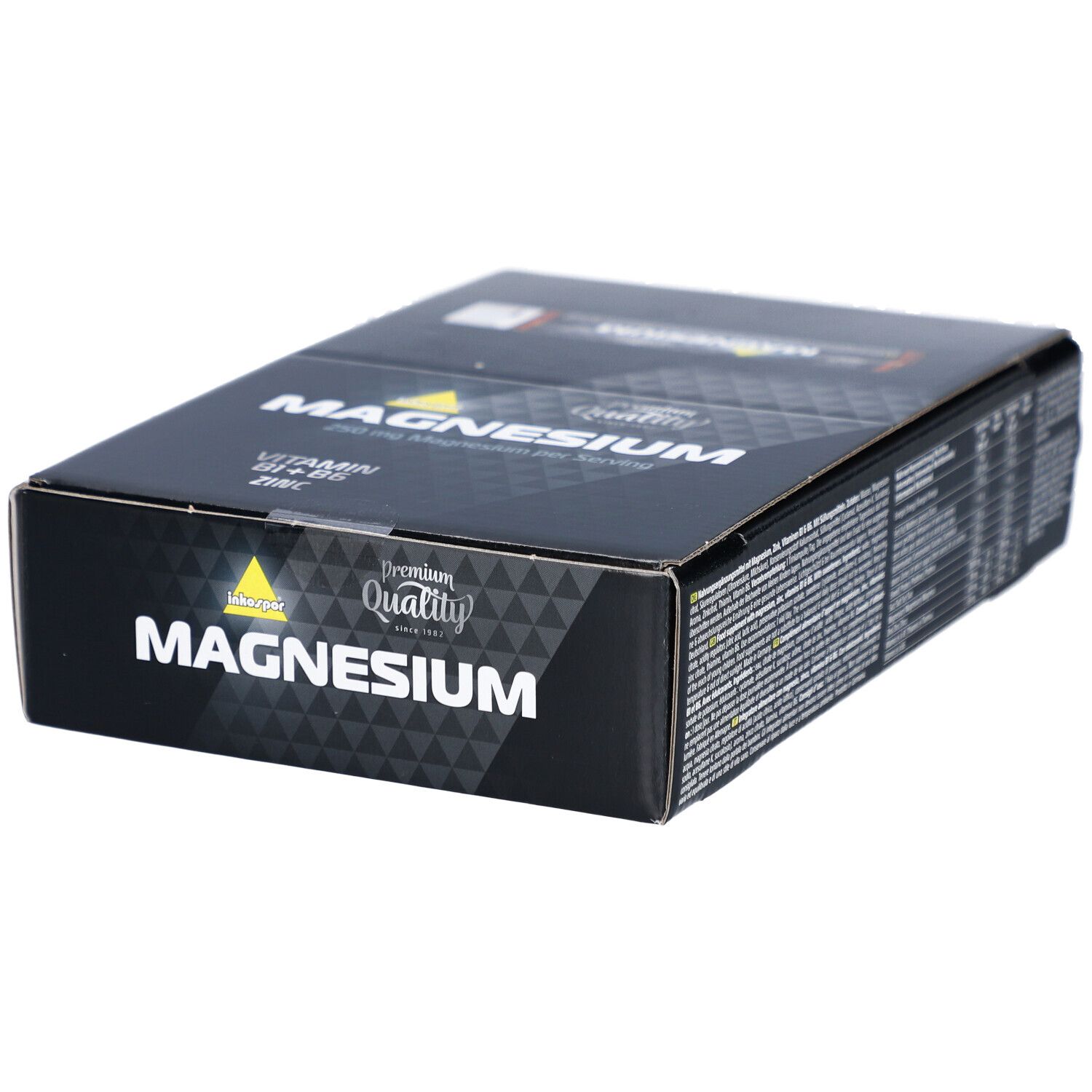 Schwarze Verpackung mit "MAGNESIUM" Schriftzug. Enthält "Vitamin B1+B6, Zink". "Premium Quality" Logo.