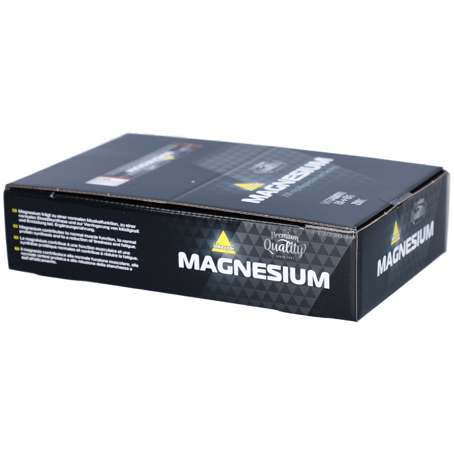 Schwarze Verpackung mit "MAGNESIUM" Schriftzug und "Premium Quality" Logo. Text in mehreren Sprachen.